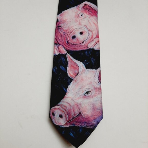 RALPH MARLIN Pig Novelty Design Pattern 1989 Retro Men's Necktie Neck Tie - Picture 3 of 11